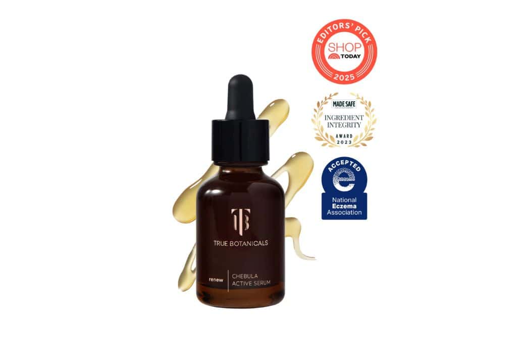 A brown bottle labeled "True Botanicals Chebula Oil" is one of the best serums for dry skin.